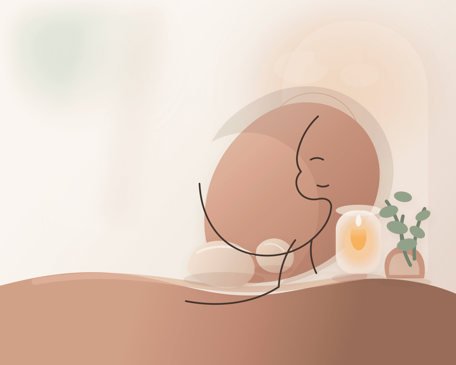 Custom wellness illustration with warm candles, skincare elements, and soft botanical details